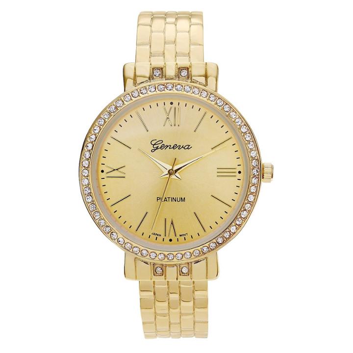 Women's Geneva Platinum Rhinestone Accent Hinged Cuff Watch - Gold
