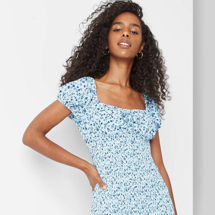 Women's Floral Print Puff Sleeve Smocked Short Dress - Wild Fable Blue