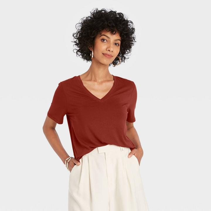 Women's Short Sleeve V-neck Drapey T-shirt - A New Day Dark Burgundy