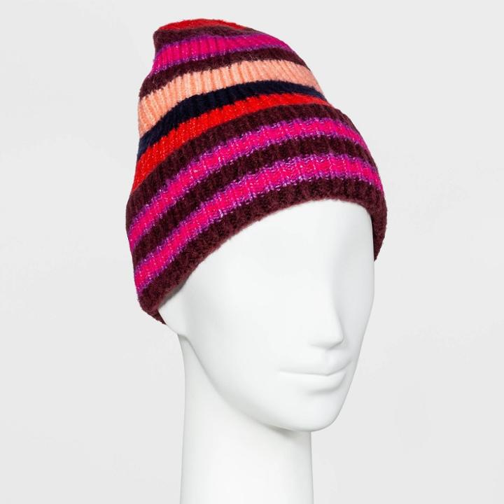 Women's Striped Beanie - A New Day Burgundy, Red