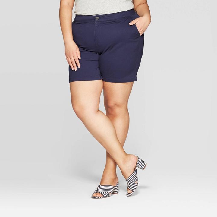 Women's Plus Size 7 Chino Shorts With Comfort Waistband - Ava & Viv Navy (blue)