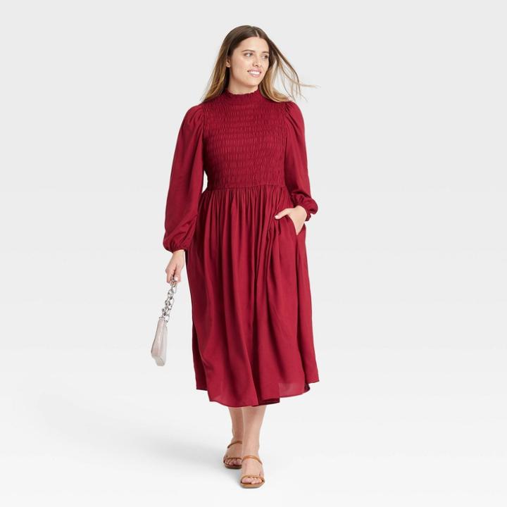 Women's Plus Size Long Sleeve Smocked Bodice Dress - A New Day Red