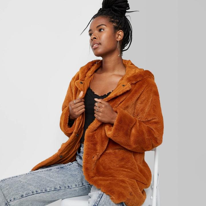 Women's Faux Fur Hooded Coat - Wild Fable Rust