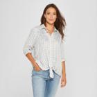 Women's Plaid Long Sleeve Embroidered Tie Front Top - Knox Rose