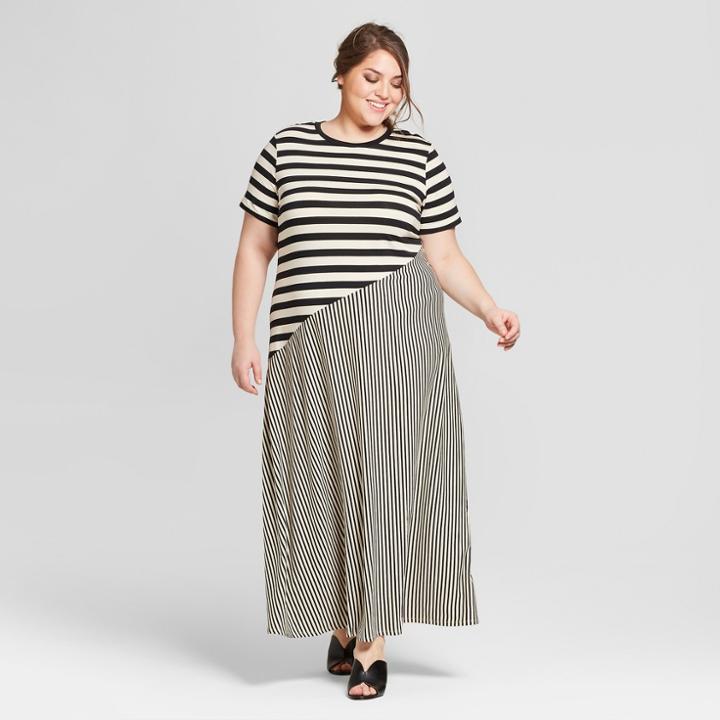 Women's Plus Size Striped Short Sleeve Jersey T-shirt Midi Dress - Who What Wear Black/white X, Black/white