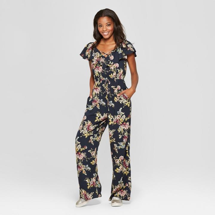 Women's Floral Print Ruffle V-neck Tie Front Jumpsuit - Xhilaration Navy/purple