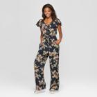 Women's Floral Print Ruffle V-neck Tie Front Jumpsuit - Xhilaration Navy/purple