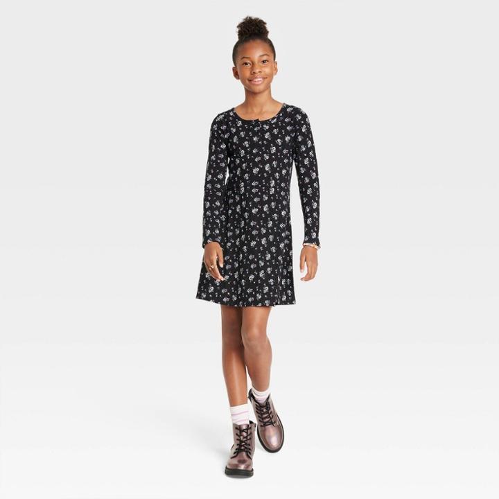 Girls' Henley Long Sleeve Knit Dress - Art Class Black Floral