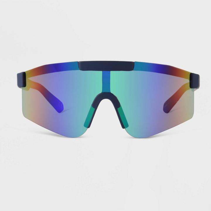 Men's Matte Plastic Blade Sunglasses With Blue/green Lenses - All In Motion Navy Blue