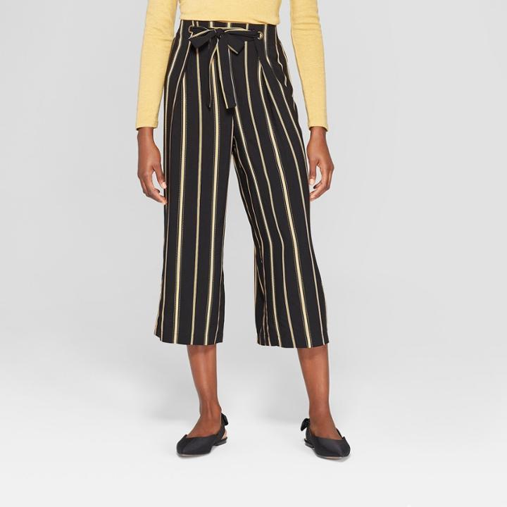 Women's Tie Front Striped Cropped Pants - Xhilaration Black