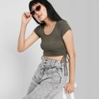Women's Short Sleeve Scoop Neck Side Cinched Baby T-shirt - Wild Fable Olive Green