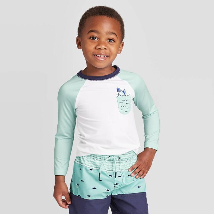 Toddler Boys' Shark Pocket Long Sleeve Rash Guard - Cat & Jack True White 12m, Toddler Boy's