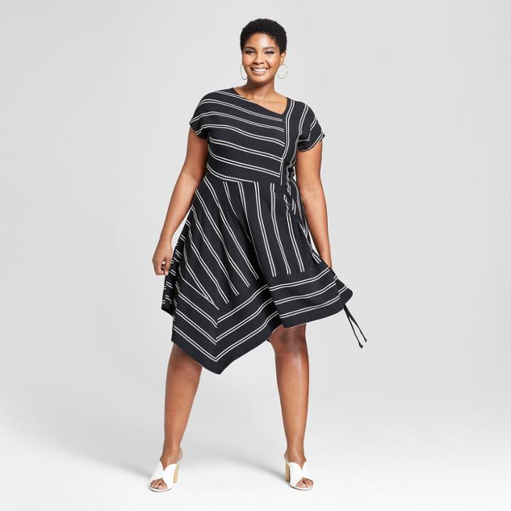Women's Plus Size Striped Asymmetrical Knit Dress - Ava & Viv Black/white X