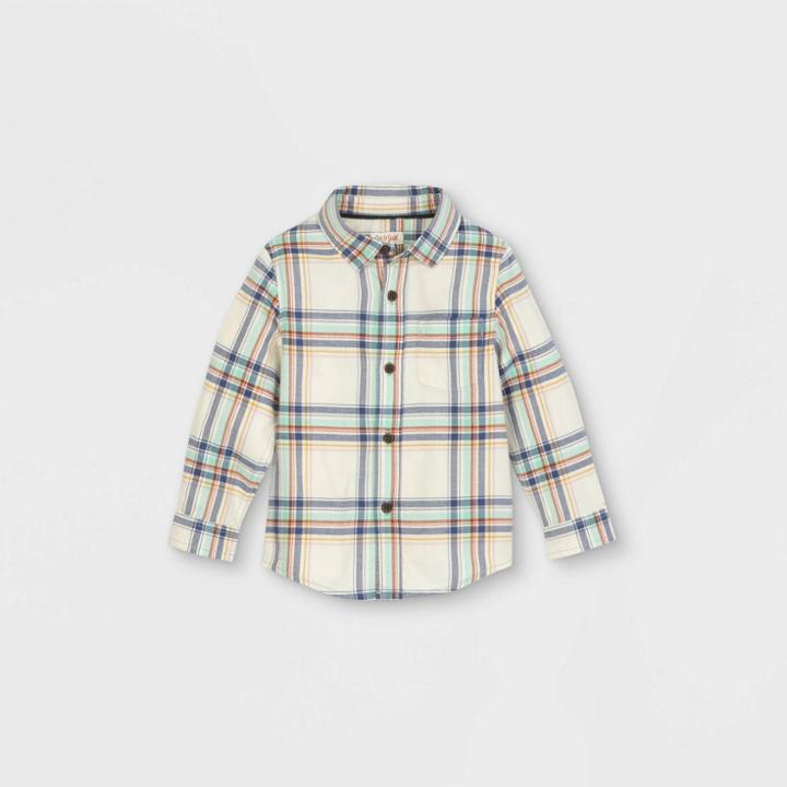Toddler Boys' Plaid Flannel Woven Long Sleeve Button-down Shirt - Cat & Jack Cream