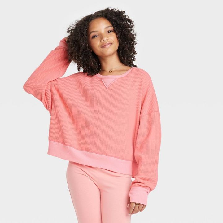 Girls' Oversized Long Sleeve Waffle T-shirt - Art Class Coral