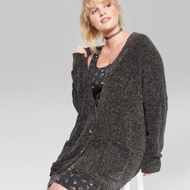 Women's Plus Size Oversized Chenille Button-front Cardigan - Wild Fable Jet Black