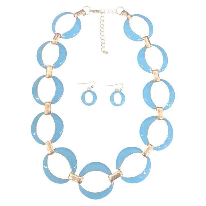 Zirconmania Large Ovals Enamel And Gold Link Electroplated Earrings And Necklaces Set - Turquoise, Women's