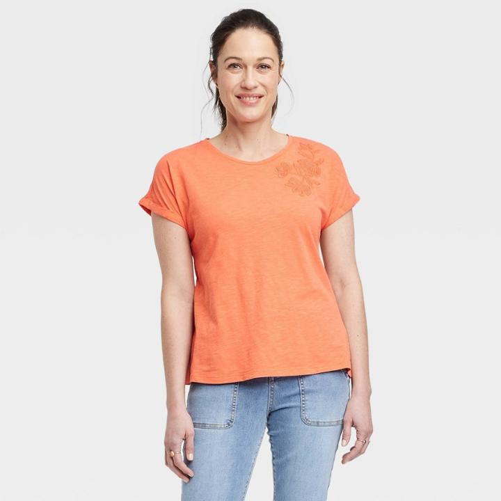 Women's Short Sleeve Embroidered T-shirt - Knox Rose Orange