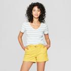Women's Striped Fitted Short Sleeve V-neck T-shirt - A New Day White/turquoise