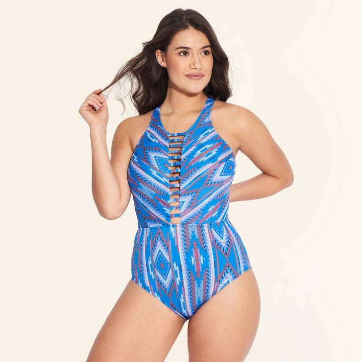 Target Women's Slimming Control High Neck One Piece Swimsuit - Beach Betty By Miracle Brands Blue