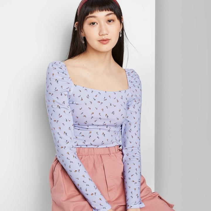 Women's Floral Print Long Sleeve Square Neck Blouse - Wild Fable Blue