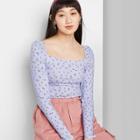 Women's Floral Print Long Sleeve Square Neck Blouse - Wild Fable Blue