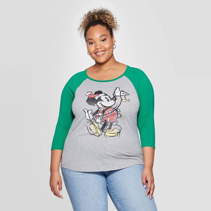Disney Women's Santa Mickey Plus Size Raglan 3/4 Sleeve Sweatshirt (juniors') - Gray/green 1x, Women's,
