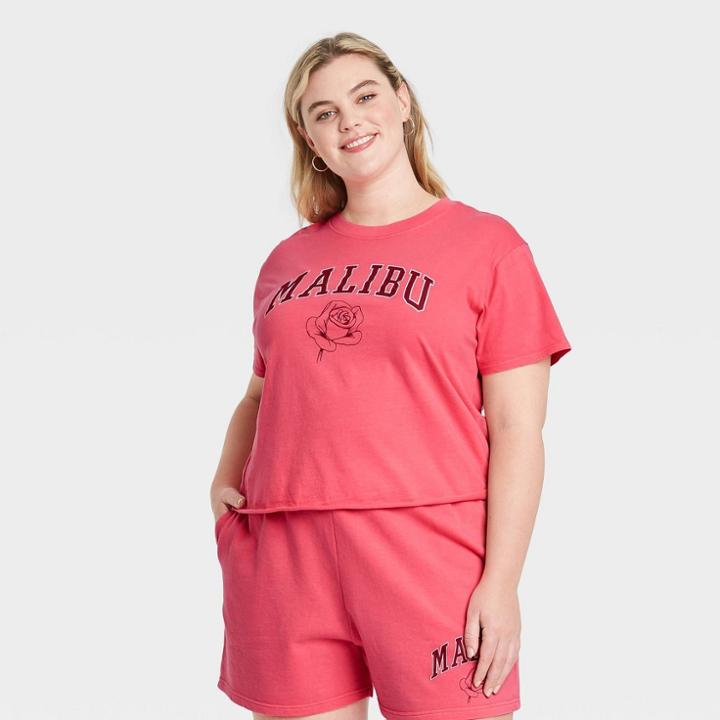 Mighty Fine Women's Plus Size Malibu Rose Short Sleeve Boxy Cropped Graphic T-shirt - Red