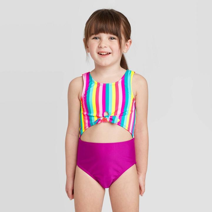 Toddler Girls' Striped Peek A Boo Tie Front One Piece Swimsuit Set - Cat & Jack Purple 12m, Toddler Girl's