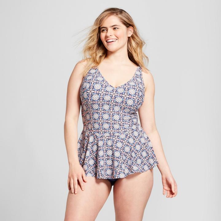 Sea Angel Women's Geo High Neck Peplum Tankini - Navy/white