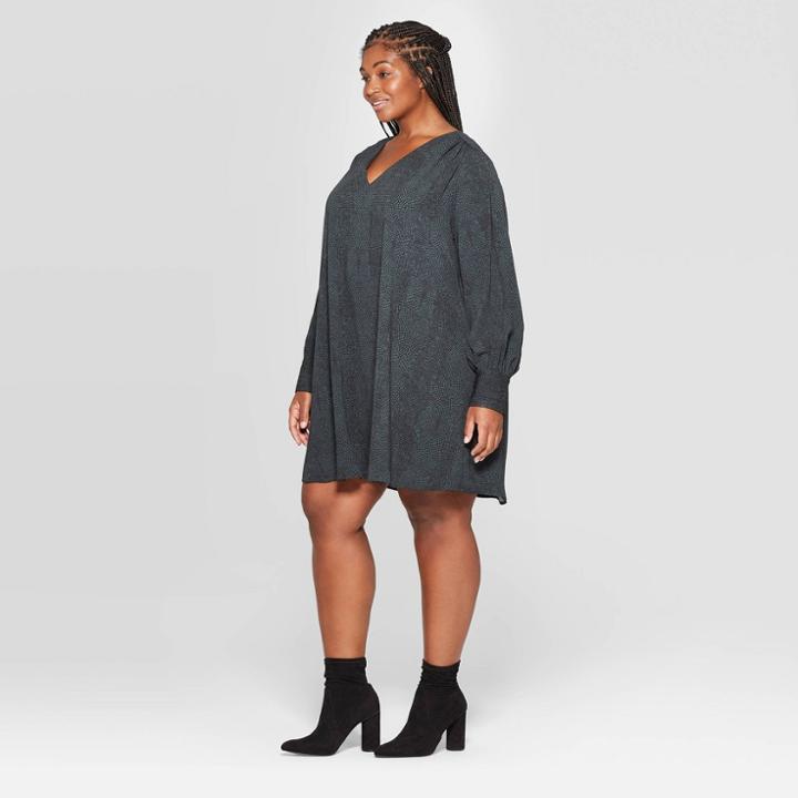 Women's Plus Size Snakeskin Print Long Sleeve V-neck Mini Dress - A New Day Green 3x, Women's,