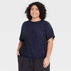 Women's Plus Size Dolman Short Sleeve Plisse Top - A New Day Navy Blue