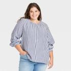 Women's Plus Size Striped Long Sleeve Half Placket Blouse - Universal Thread Blue