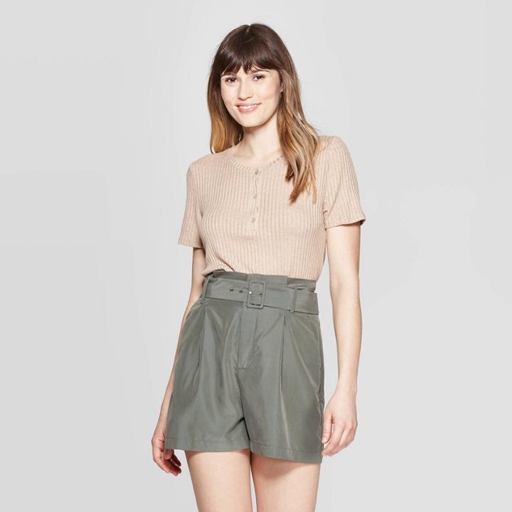 Women's Short Sleeve Henley Neck Rib T-shirt - A New Day Cobblestone