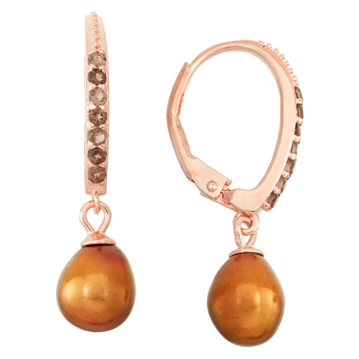 1/5 Tcw Tiara Rose Gold Over Silver Dangling Champagne Freshwater Pearl With Smoky Quartz Accents