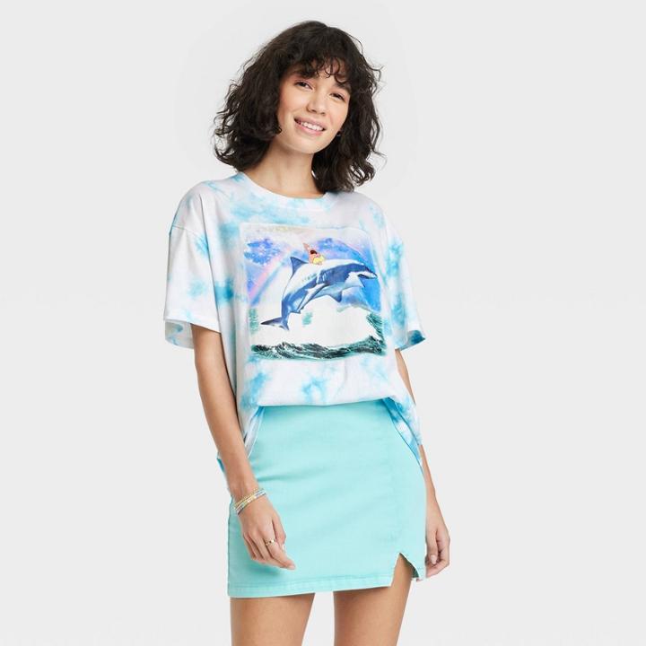 Spongebob Squarepants Women's Patrick And Shark Oversized Short Sleeve Graphic T-shirt - Blue