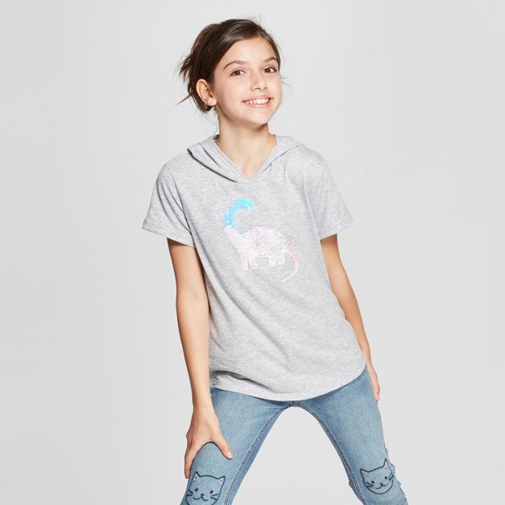 Girls' Flip Sequins Hooded Reverse Dinosaur Short Sleeve Graphic Top - Cat & Jack Heather Gray