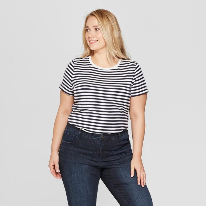 Women's Plus Size Striped Short Sleeve Crew Neck T-shirt - Ava & Viv Black/white