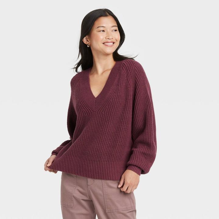 Women's V-neck Pullover Sweater - A New Day Burgundy