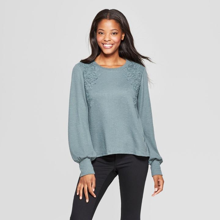 Women's Long Sleeve Lace Front Hacci Top - Xhilaration Jade (green)