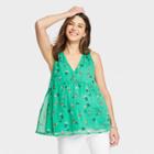 The Nines By Hatch Maternity Floral Print V-neck Smocked Shoulder Chiffon Tank Top Green
