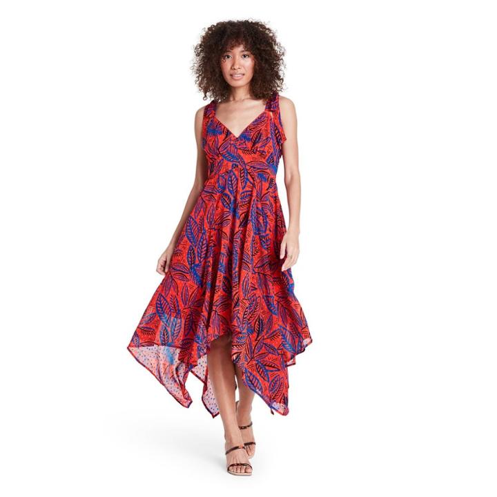 Tropical Leaf Tie Strap Asymmetrical Hem Dress - Alexis For Target Orange/blue Xxs