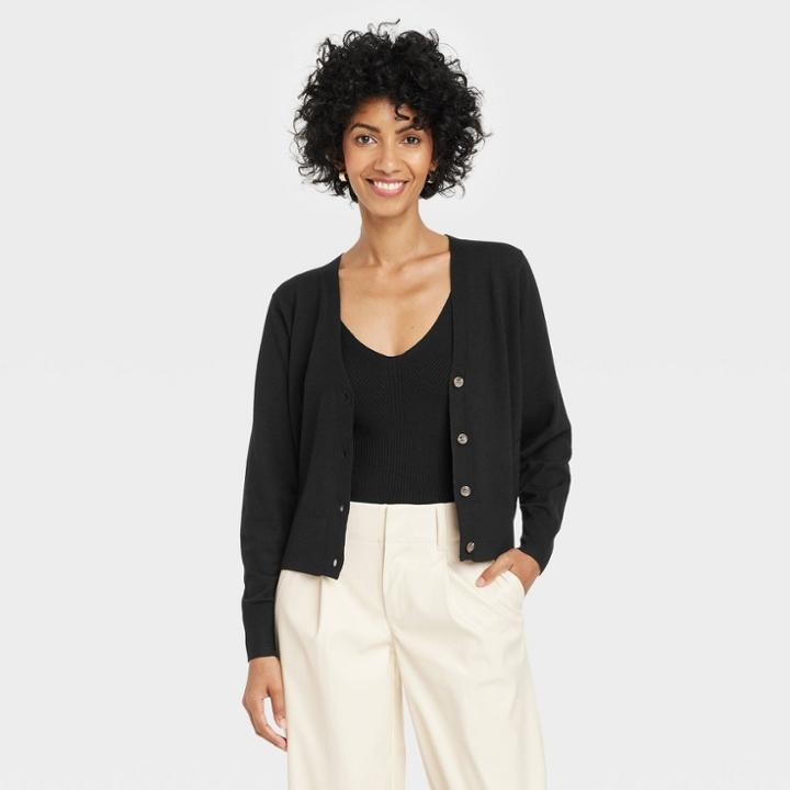 Women's Fine Gauge Ribbed Cardigan - A New Day Black