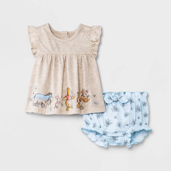 Baby Girls' Disney Top And Bottom Set - Oatmeal Newborn, Blue/grey