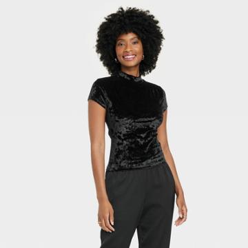 Women's Short Sleeve Slim Fit Mock Turtleneck Velvet T-shirt - A New Day Black
