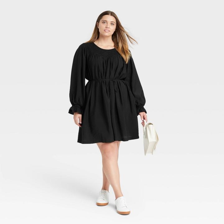 Women's Plus Size Long Sleeve Tent Dress - A New Day Black
