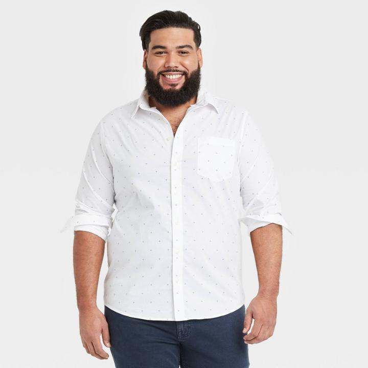 Men's Tall Floral Print Standard Fit Stretch Poplin Long Sleeve Button-down Shirt - Goodfellow & Co Micro White/floral