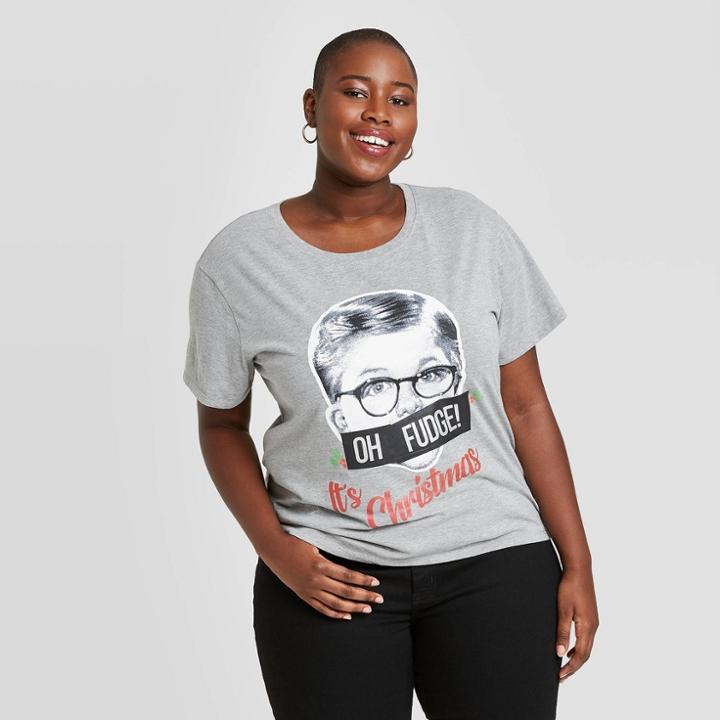 Jerry Leigh Women's Plus Size Christmas Story Oh Fudge Short Sleeve Graphic T-shirt - Heather Gray