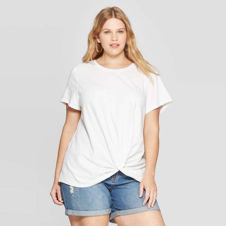 Women's Plus Size Short Sleeve Scoop Neck Twist Front T-shirt - Universal Thread White