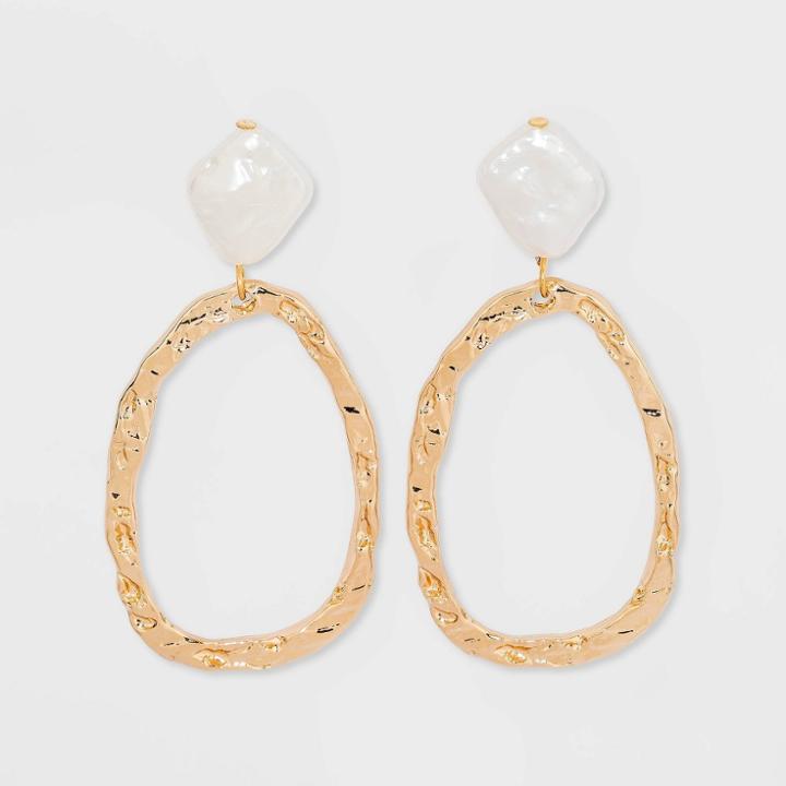 Hammered Pearl Post Organic Gold Drop Earrings - A New Day White